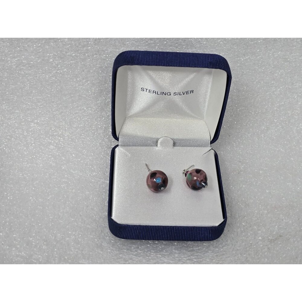 Handblown Artisan Glass Bead Earrings .925 Sterling Silver Purple Polka Dot Drop